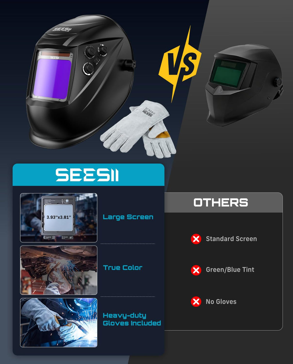 Large View Auto Darkening Welding Helmet with Welding Gloves D3839