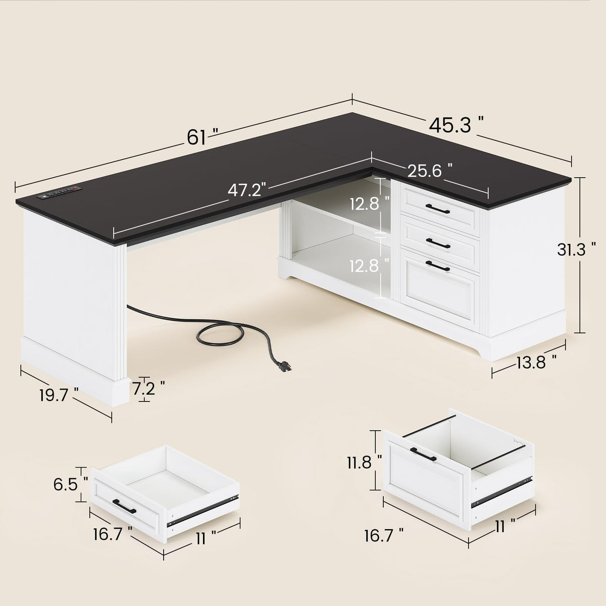 61" L Shaped Desk with Drawers F408