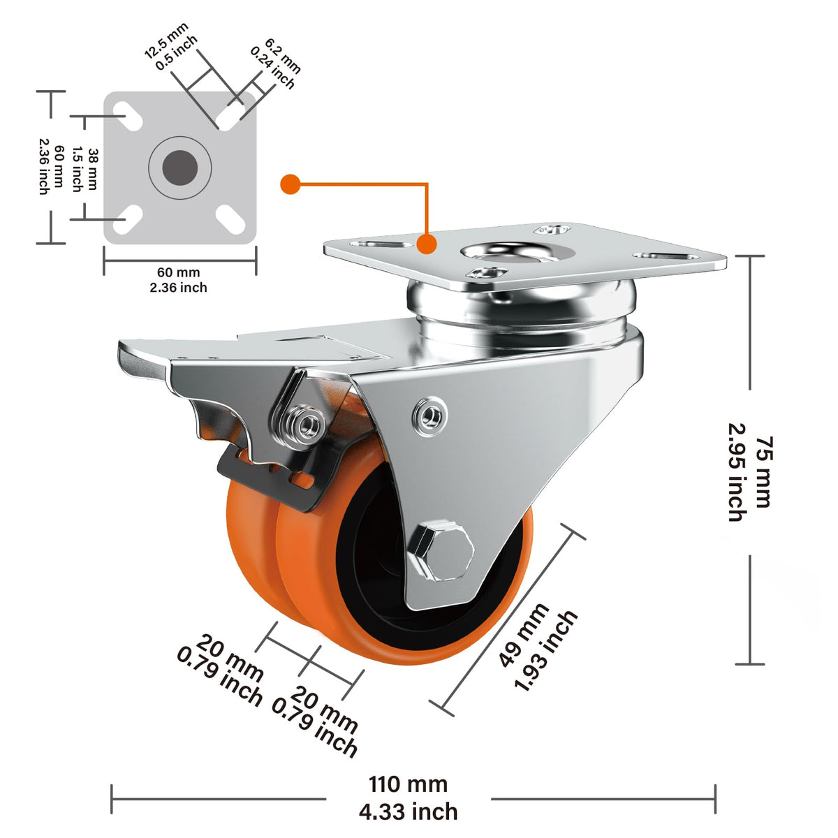 2" Double Wheel Casters with Brake 4 Pack C708