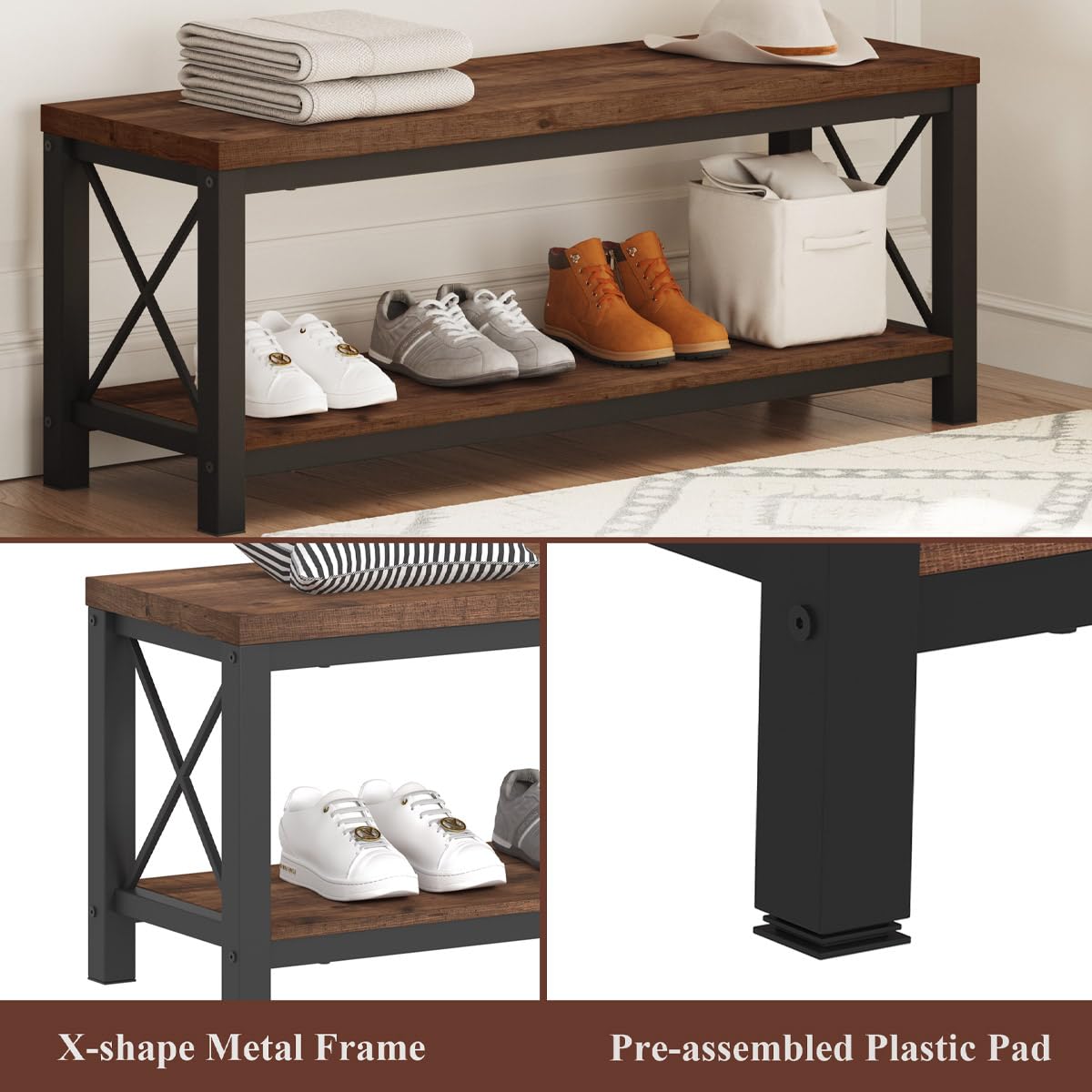 2 Tier Wood Metal Storage Bench R929078