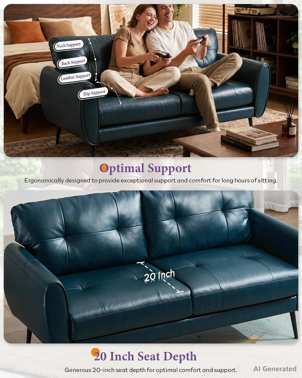 Blue Faux Leather Tufted Loveseat F19529