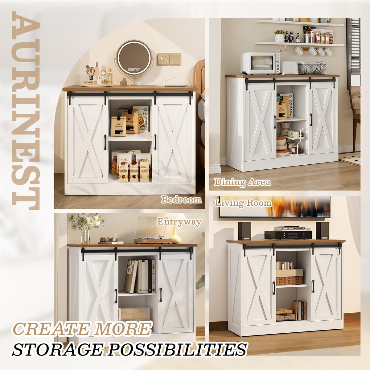 Rustic White Coffee Bar Cabinet with Sliding Barn Doors K512651