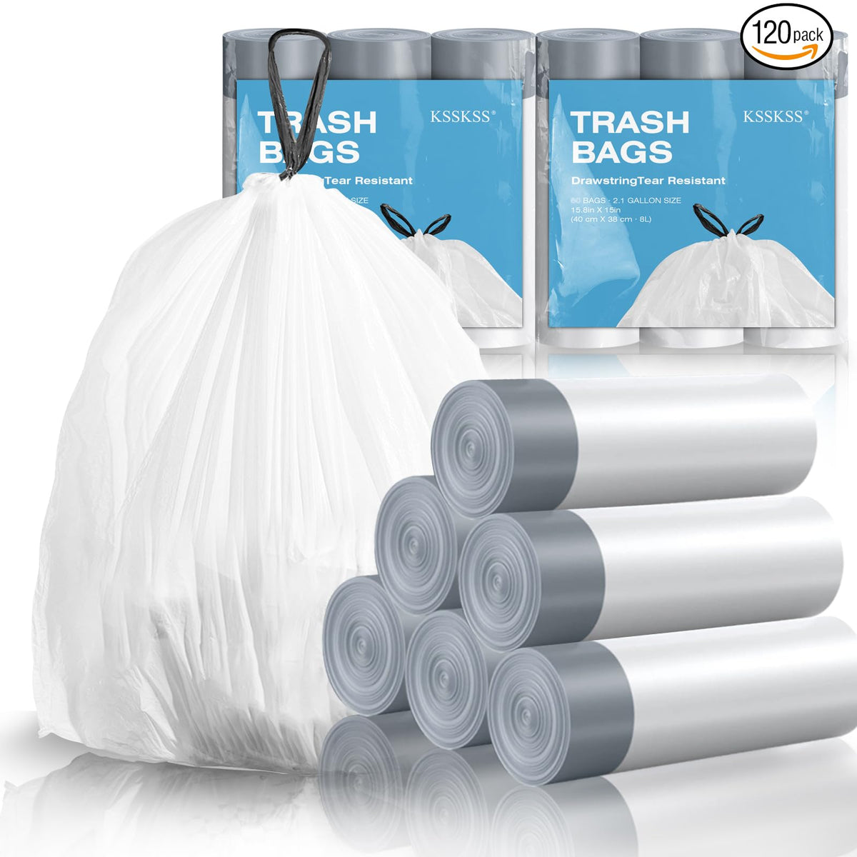 1.6 Gallon Mini Drawstring Trash Bags, 120 Counts White Trash Bin Liners H853837