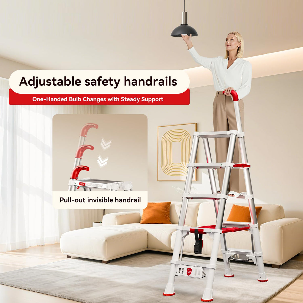 Telescoping Extension Ladder, 4.4FT Folding Step Stool, Aluminum 5 Step Ladder 600lbs Capacity C172700