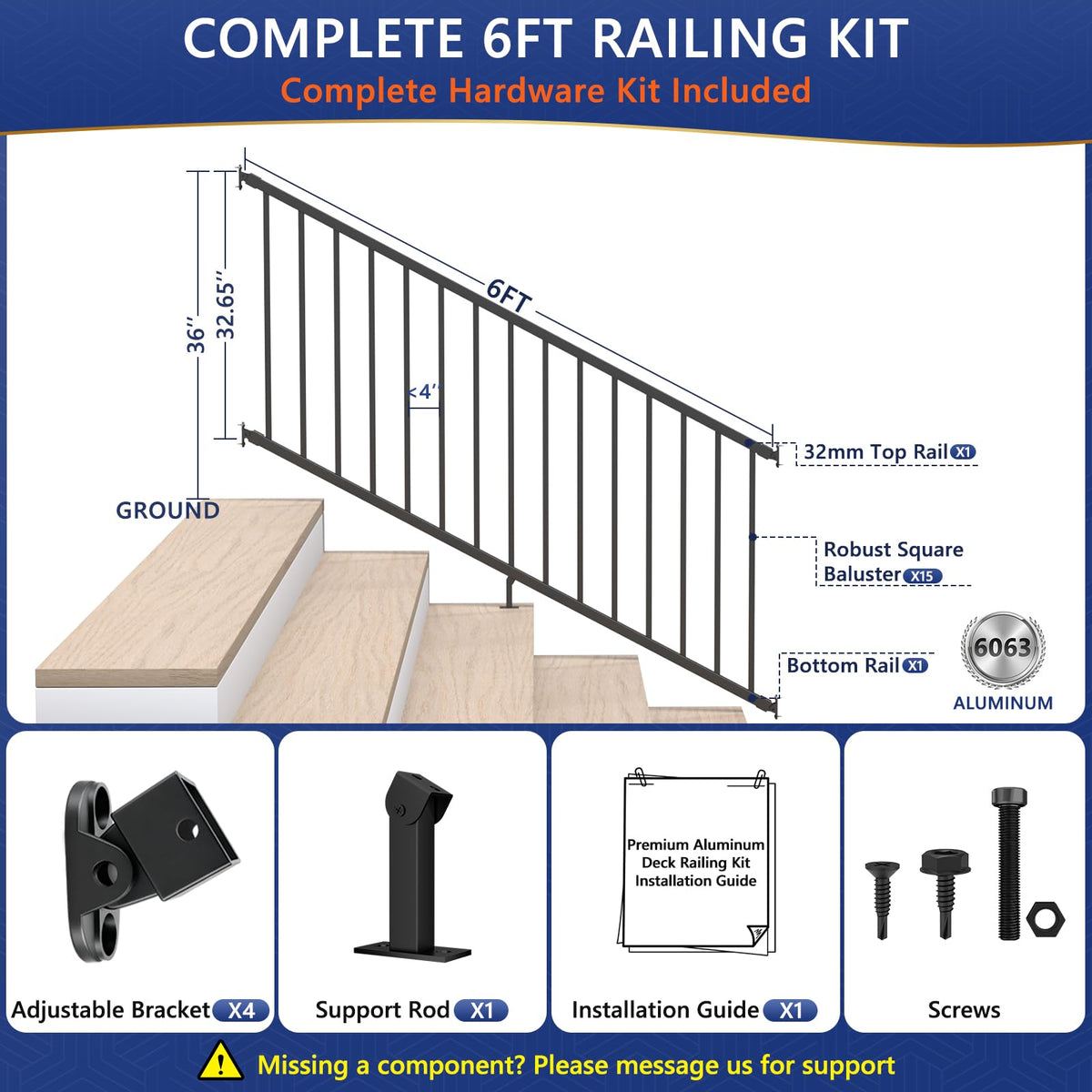 6 ft W Real Aluminum Stair Railing Kit S914