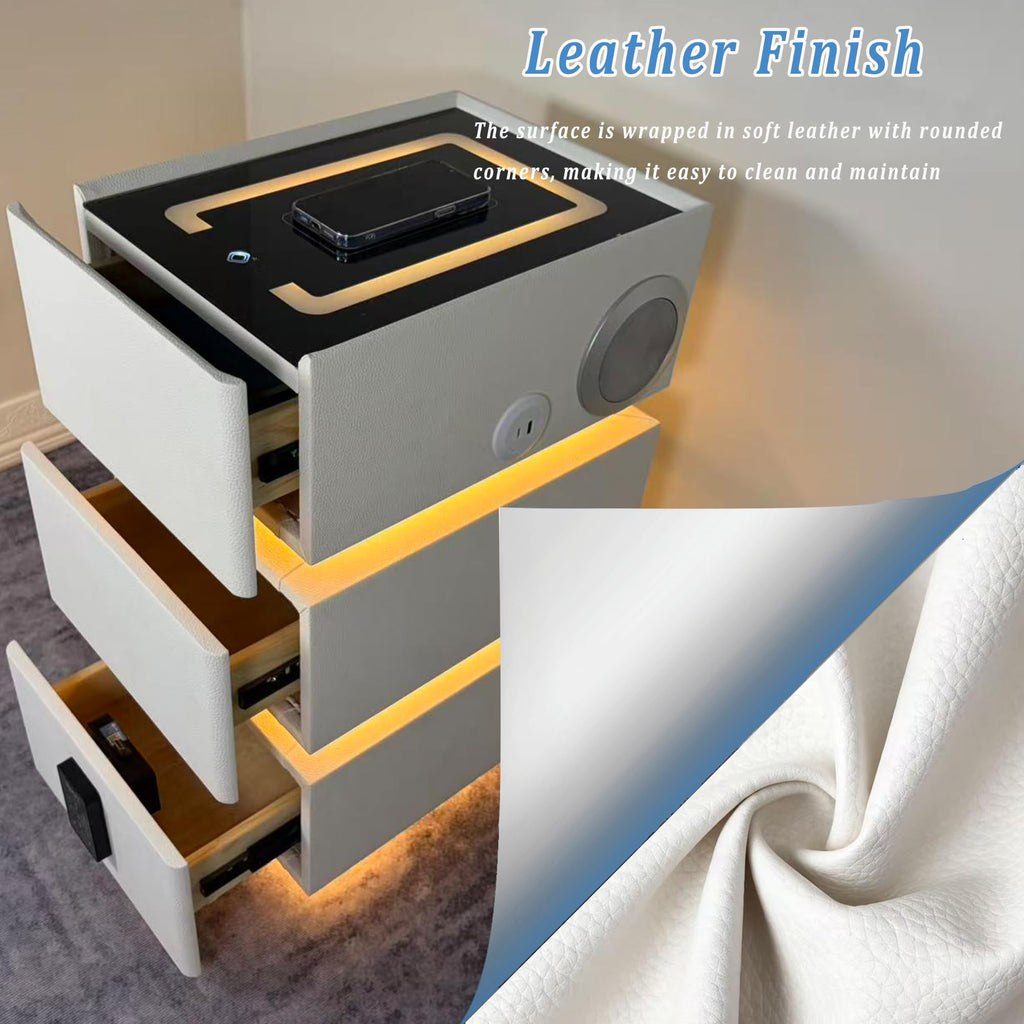 White 3 Drawer Faux Leather Nightstand with Charging Station N9664