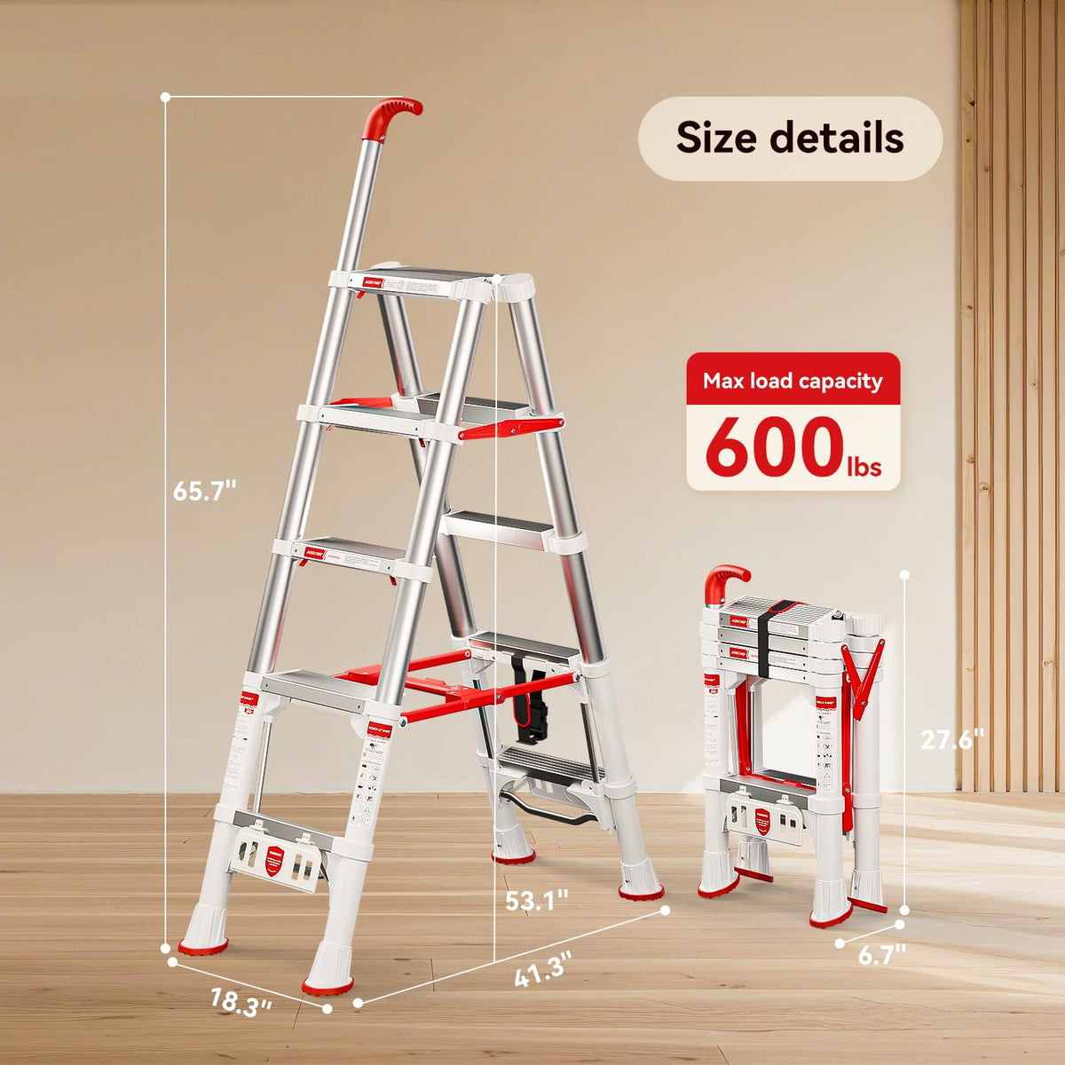 Telescoping Extension Ladder, 4.4FT Folding Step Stool, Aluminum 5 Step Ladder 600lbs Capacity C172700