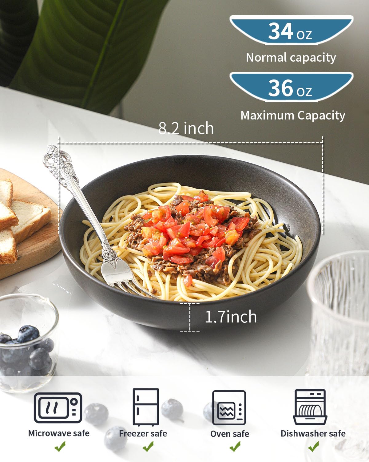 34 oz Stoneware Pasta Bowls Set of 4, Matte Black G562406
