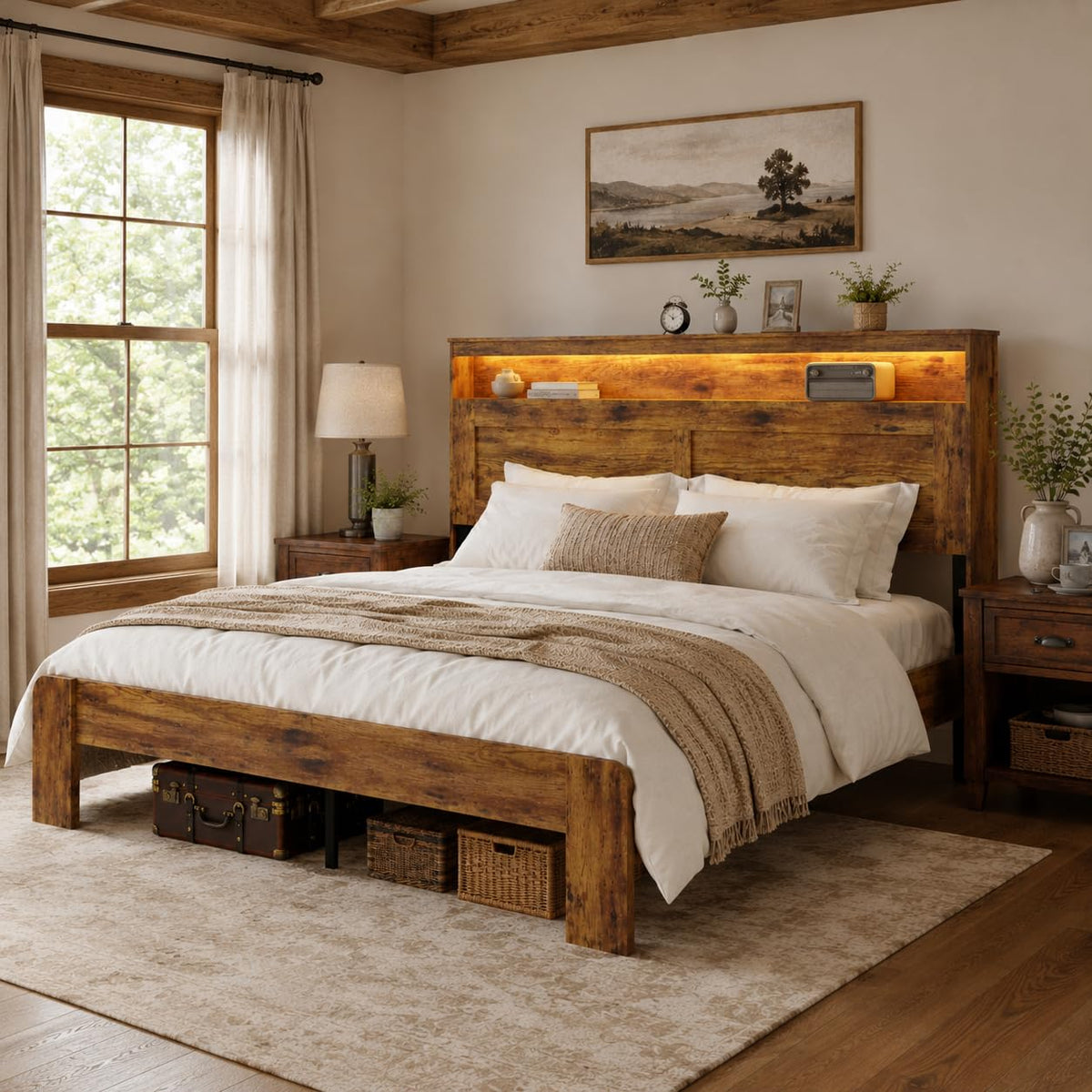 King Size Wooden Bed Frame with Storage Headboard H249420