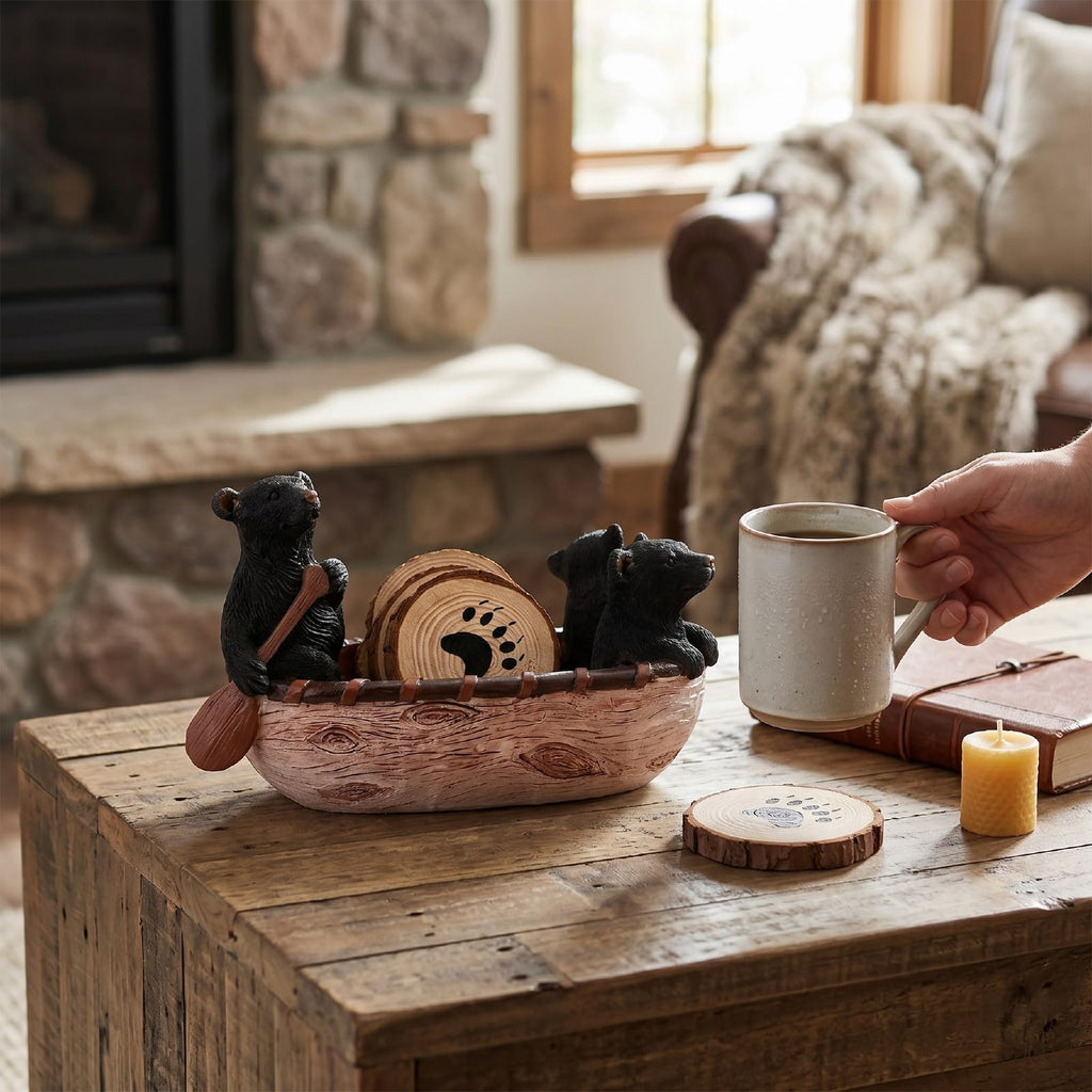 Set of 6 Black Bear Coaster Set with Canoe Holder P64906