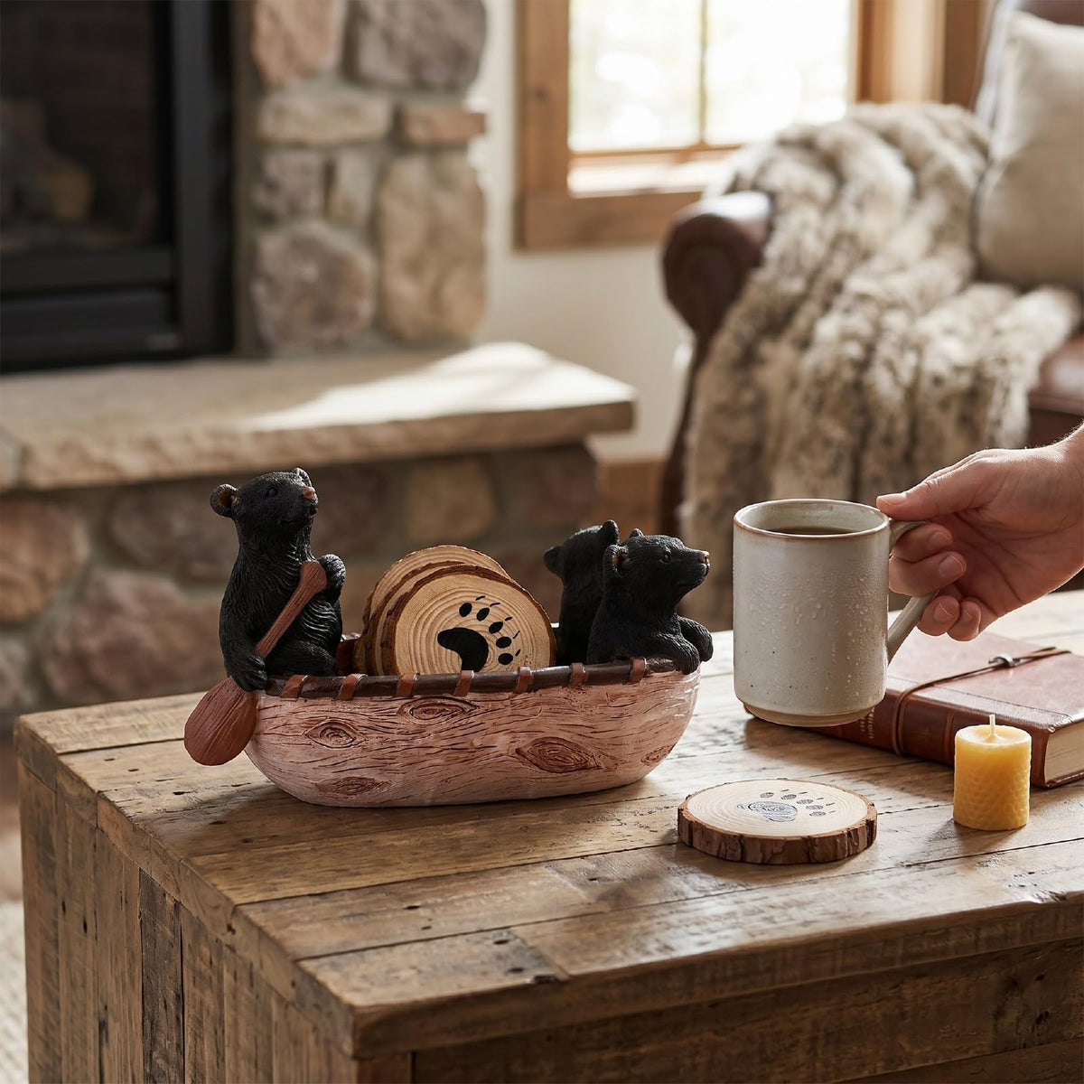 Set of 6 Black Bear Coaster Set with Canoe Holder P64906