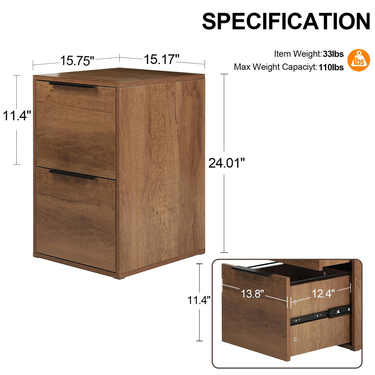 2 Drawer Wood File Cabinet with Hanging Bars V318