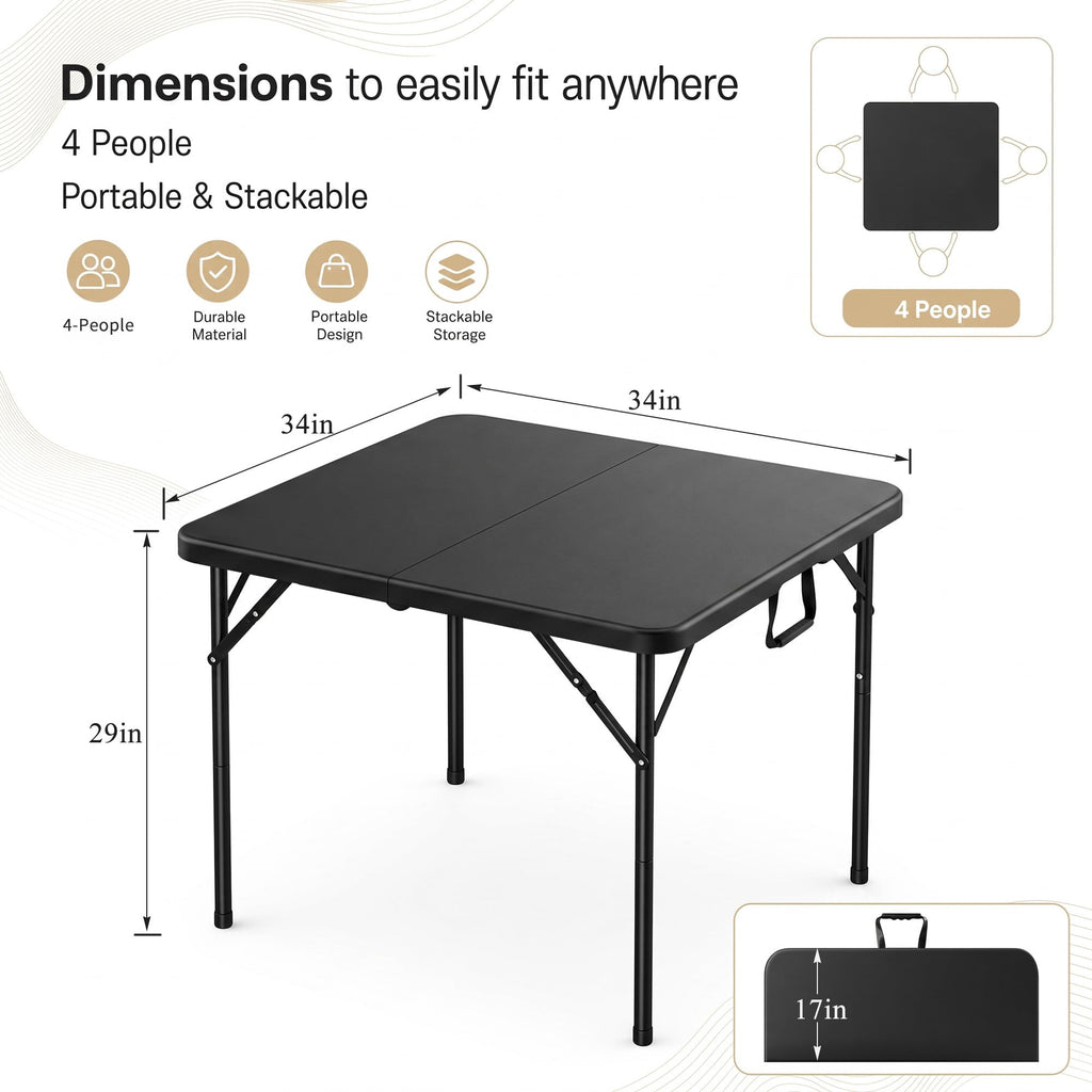 34" Square Folding Card Table with Built-in Handle, Black L8950