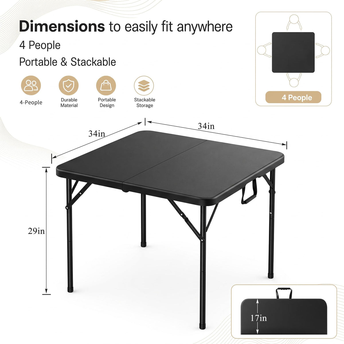 34" Square Folding Card Table with Built-in Handle, Black L8950