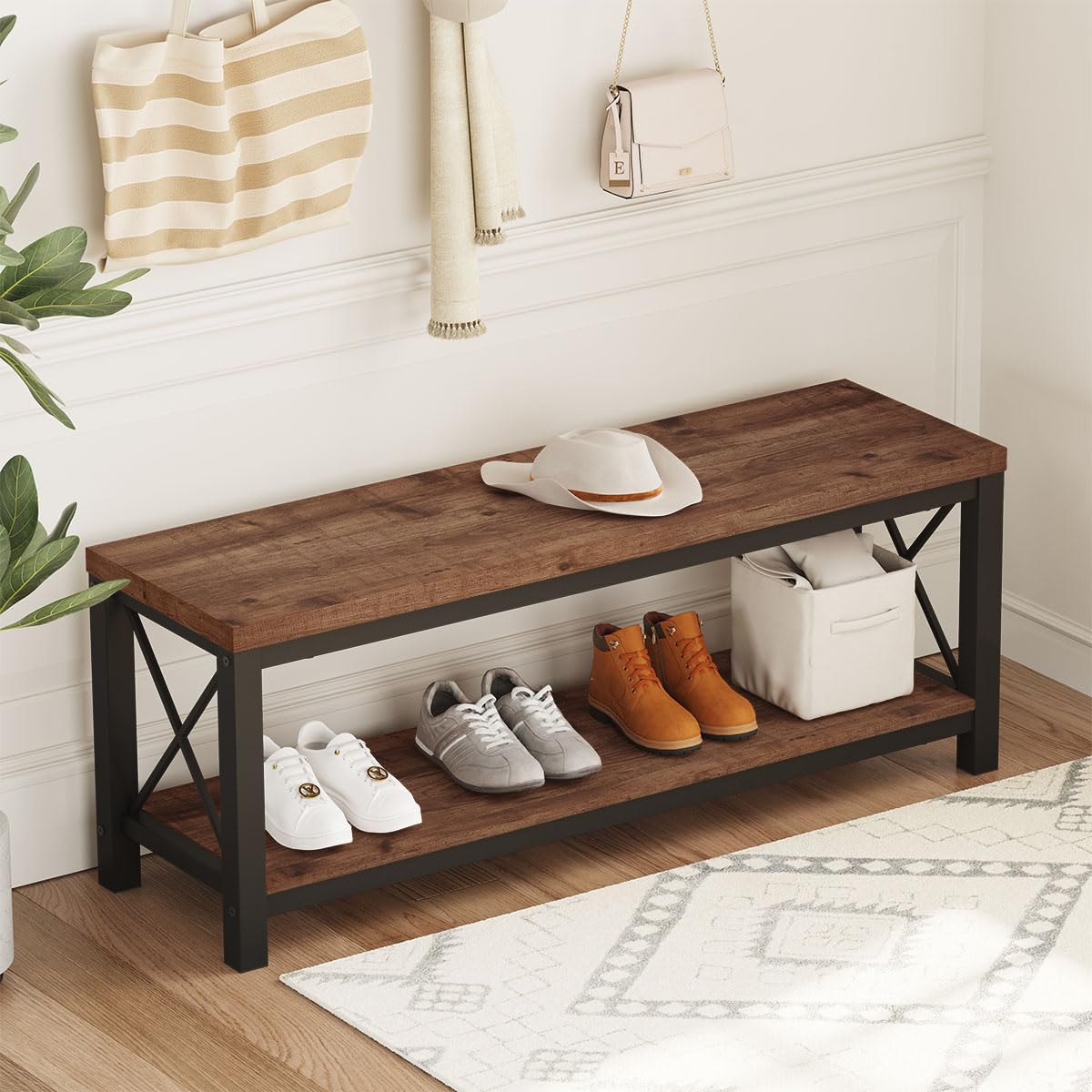2 Tier Wood Metal Storage Bench R929078