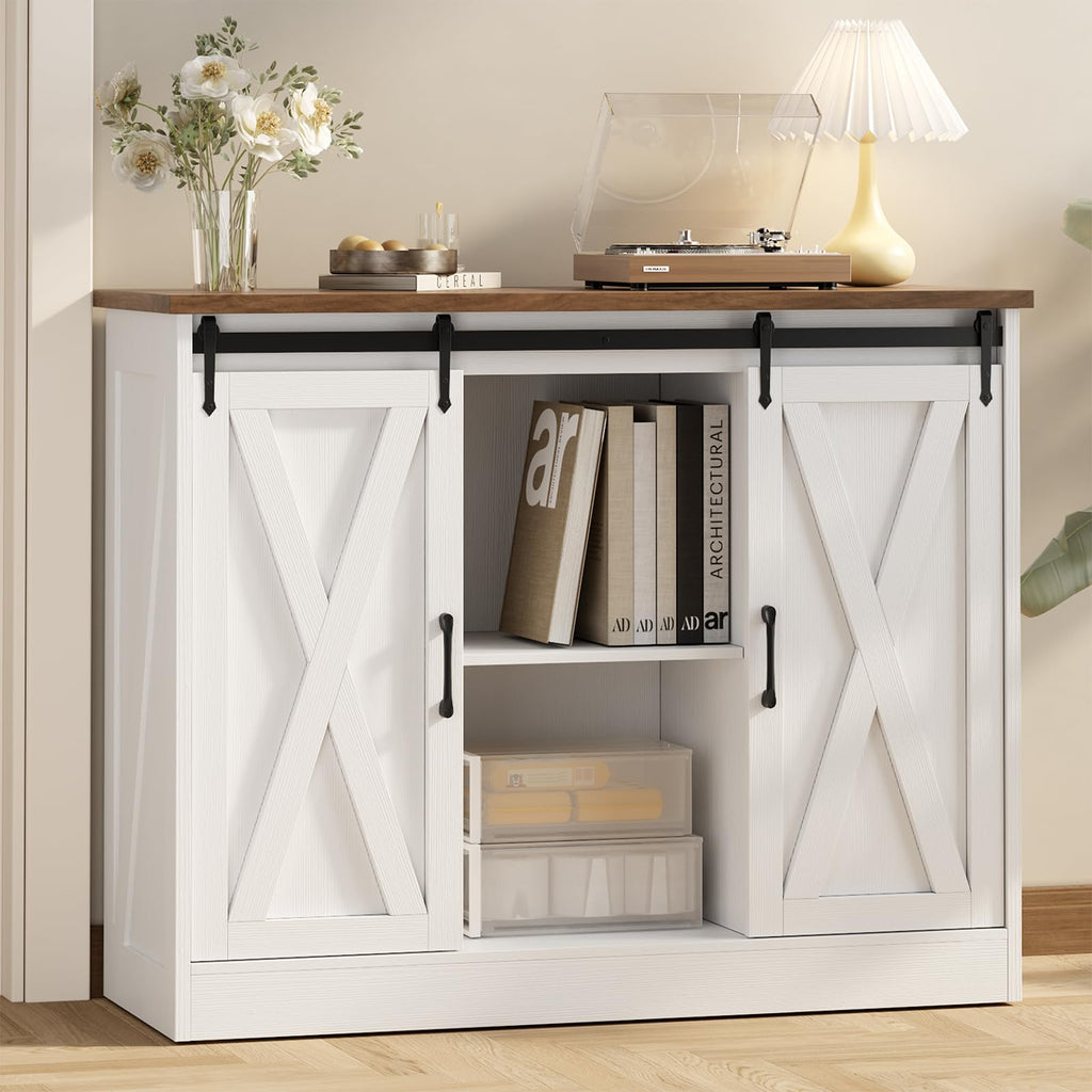 Rustic White Coffee Bar Cabinet with Sliding Barn Doors K512651