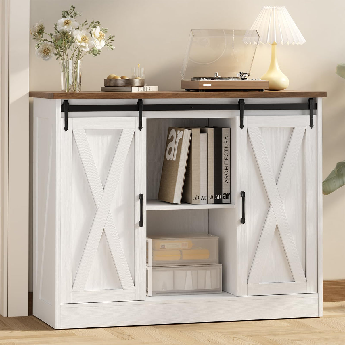 Rustic White Coffee Bar Cabinet with Sliding Barn Doors K512651