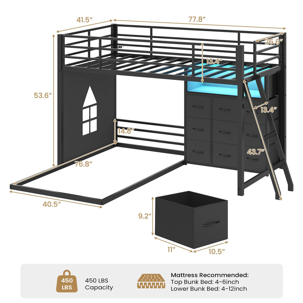 Twin Over Twin L-Shaped Bunk Bed with 9 Storage Drawers, LED Lights, Guardrail & Ladder, Black L15672