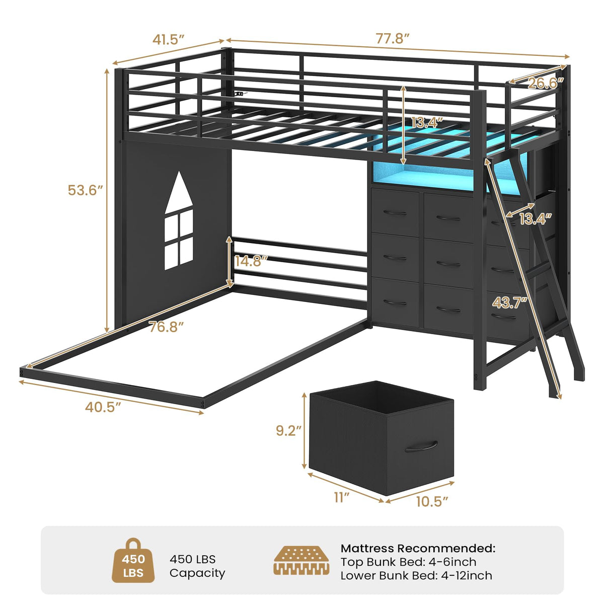 Twin Over Twin L-Shaped Bunk Bed with 9 Storage Drawers, LED Lights, Guardrail & Ladder, Black L15672
