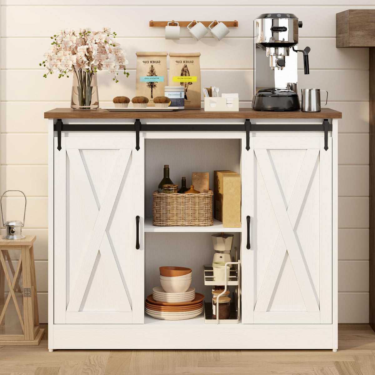 Rustic White Coffee Bar Cabinet with Sliding Barn Doors K512651