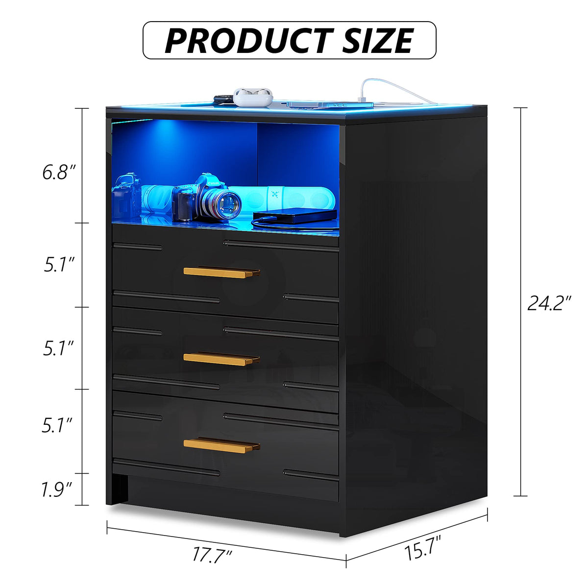 Black High Gloss Nightstand with Wireless Charging Station A14020