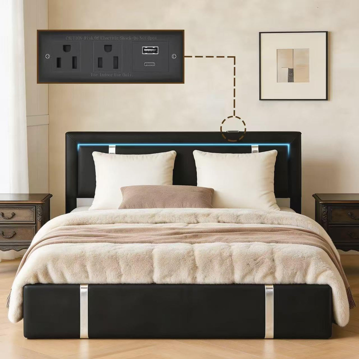 Black Faux Leather Upholstered Full Size Bed Frame with LED Headboard and USB Ports T841