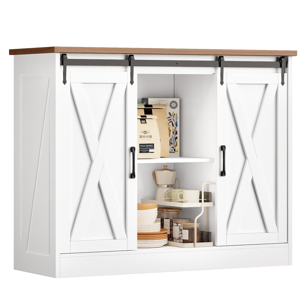 Rustic White Coffee Bar Cabinet with Sliding Barn Doors K512651