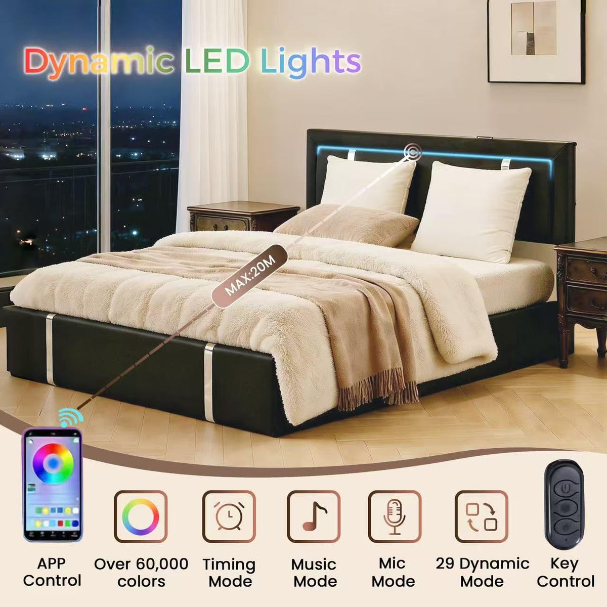 Black Faux Leather Upholstered Full Size Bed Frame with LED Headboard and USB Ports T841