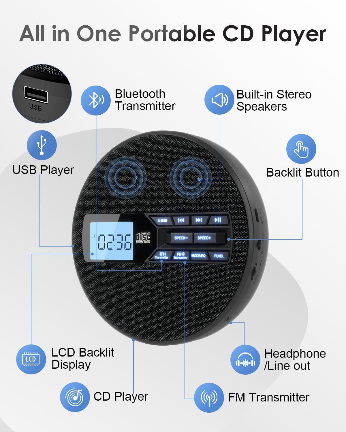 Portable CD Player with Bluetooth & FM Transmitter Z87269