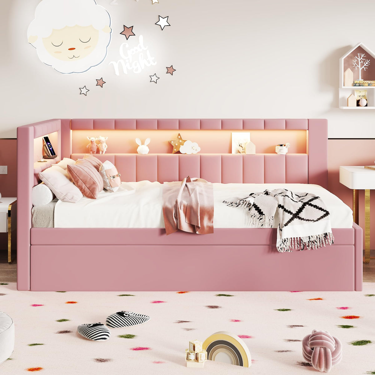 Twin Size Upholstered Linen Daybed with Trundle and Storage Headboard Y39680