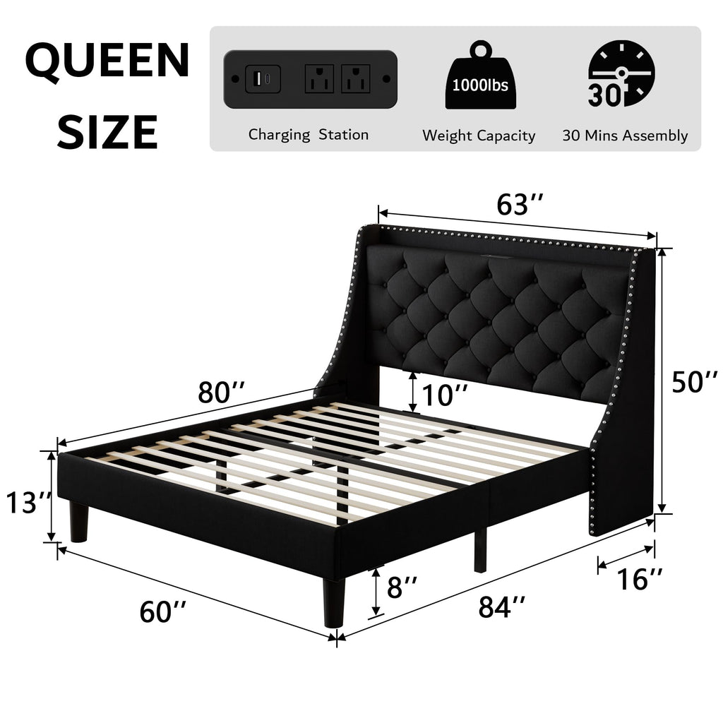 Queen Upholstered Platform Bed with Storage Headboard, Black A963