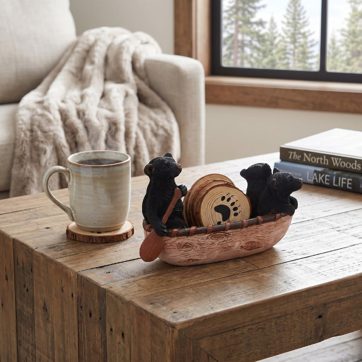 Set of 6 Black Bear Coaster Set with Canoe Holder P64906