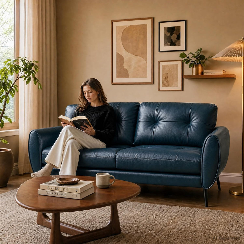 Blue Faux Leather Tufted Loveseat F19529