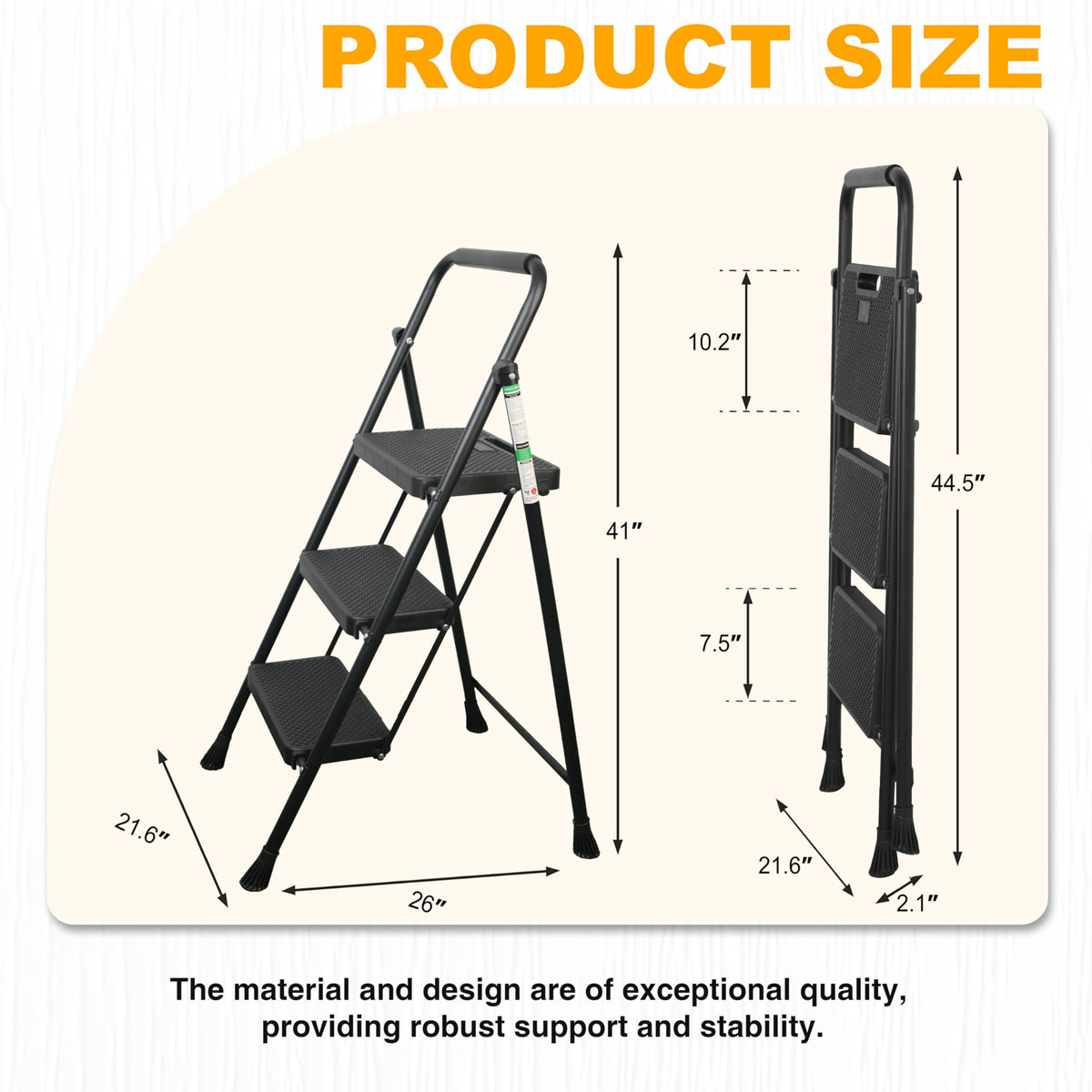 Portable Steel Folding Step Stool, 3-Step, Black V500
