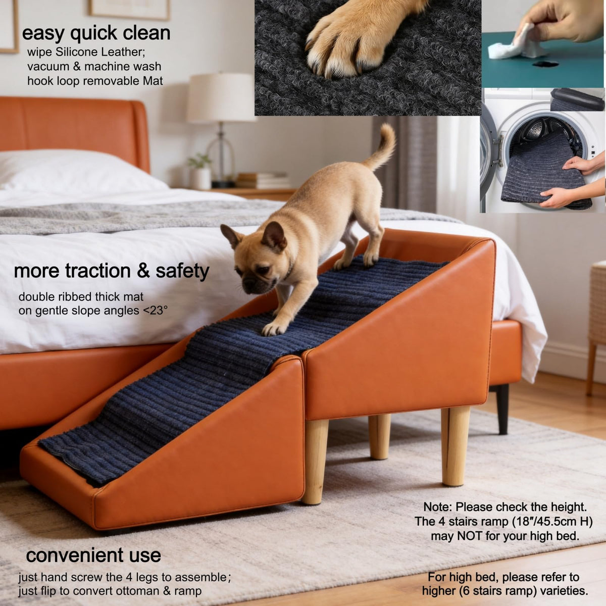 Foldable Dog Cat Stair Ramp Solid Wood Ottoman 18in H A4494
