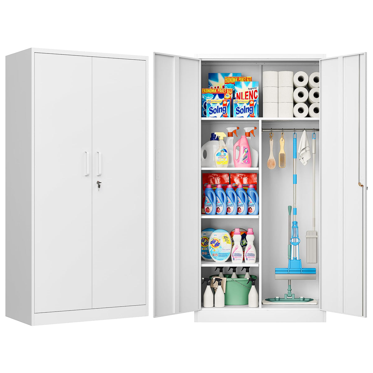 White Metal Storage Cabinet with Hanging Rod and Lock L92996