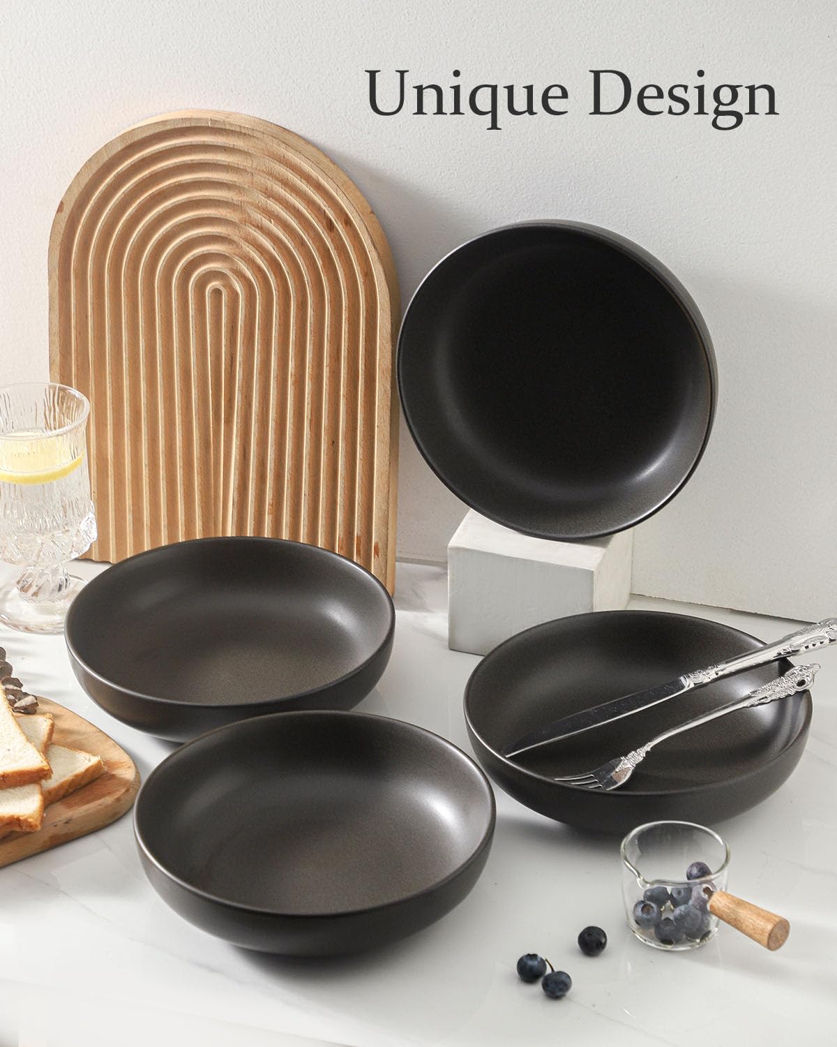 34 oz Stoneware Pasta Bowls Set of 4, Matte Black G562406