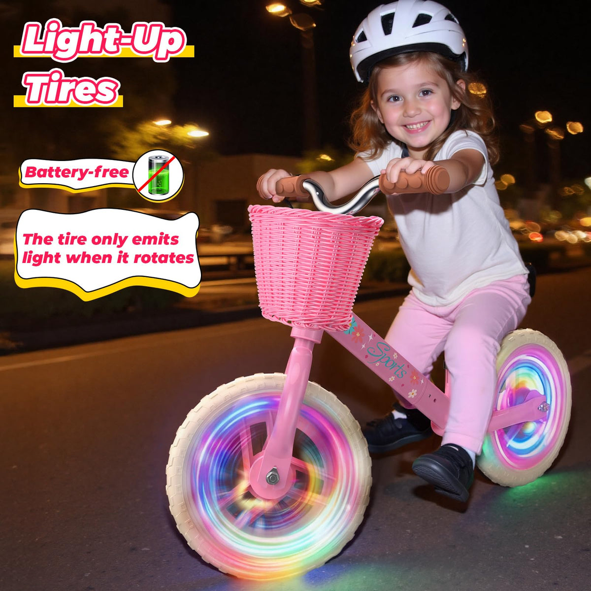 Toddler Balance Bike with Fender, Adjustable Seat/Handlebar, Flat-Free LED Tires A729555