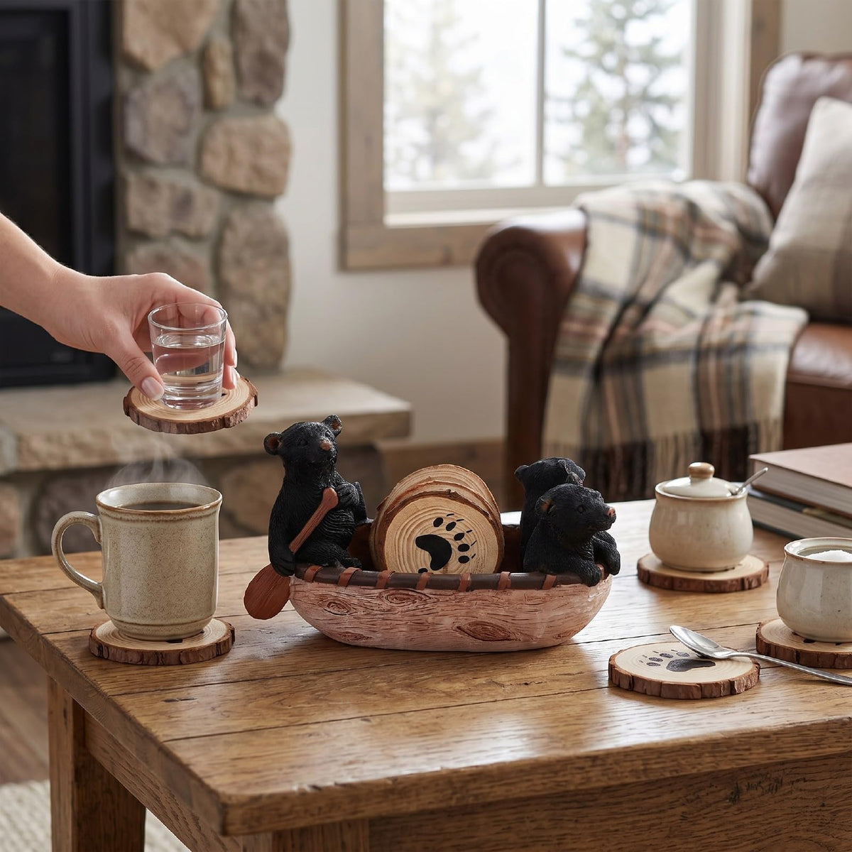 Set of 6 Black Bear Coaster Set with Canoe Holder P64906