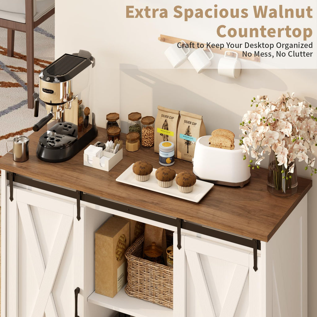Rustic White Coffee Bar Cabinet with Sliding Barn Doors K512651
