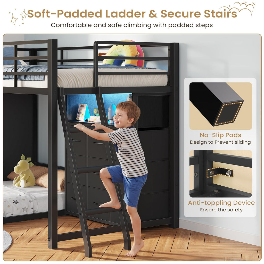 Twin Over Twin L-Shaped Bunk Bed with 9 Storage Drawers, LED Lights, Guardrail & Ladder, Black L15672