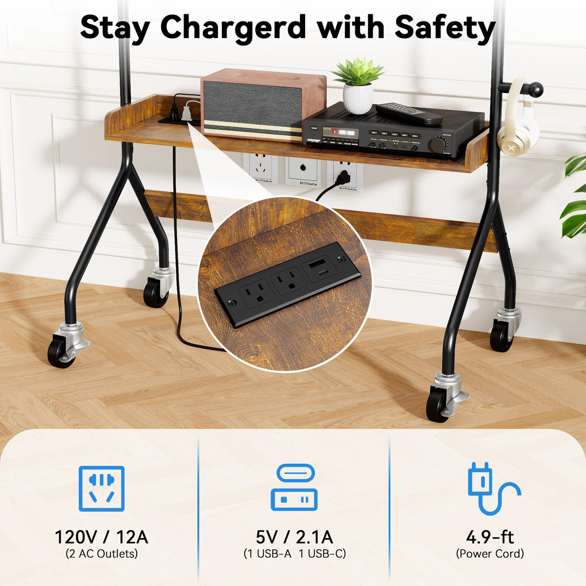 Rolling TV Stand with Power Outlet for 32-75 Inch TV W891