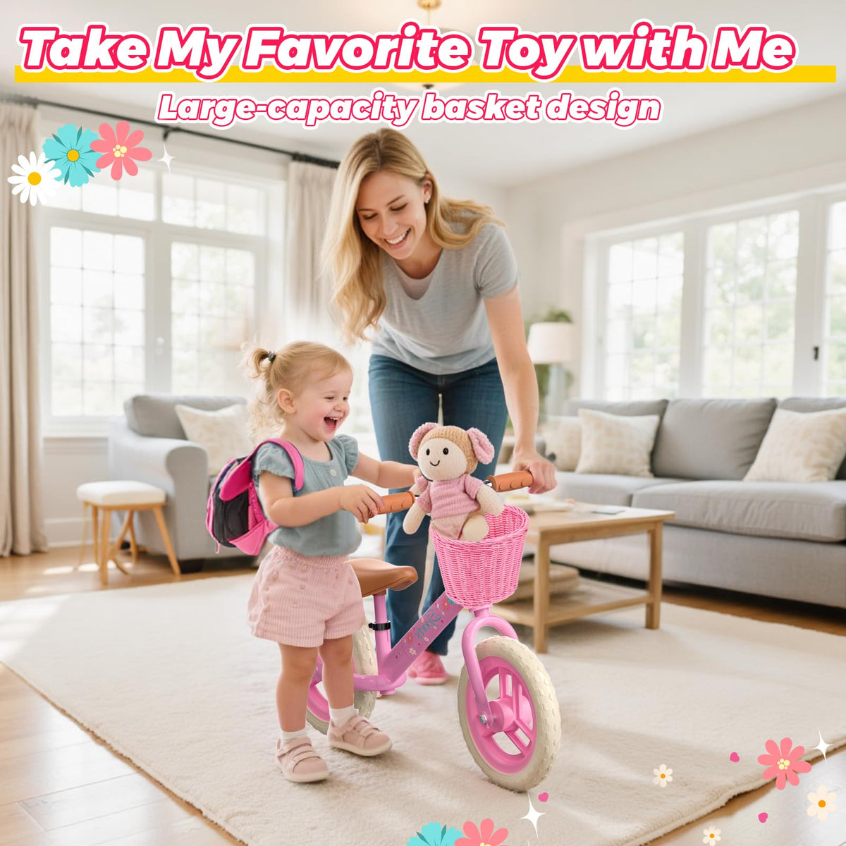Toddler Balance Bike with Fender, Adjustable Seat/Handlebar, Flat-Free LED Tires A729555