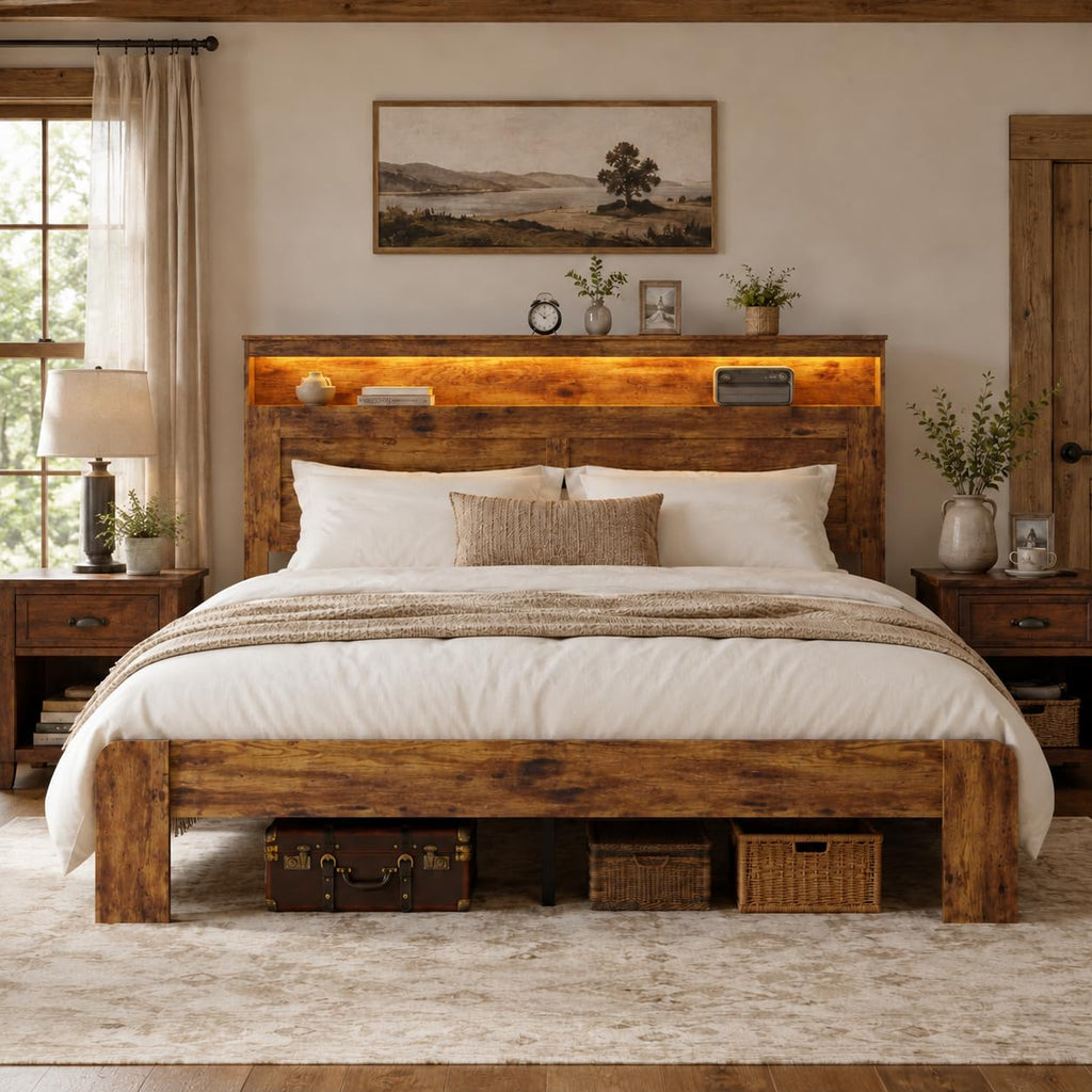 King Size Wooden Bed Frame with Storage Headboard H249420