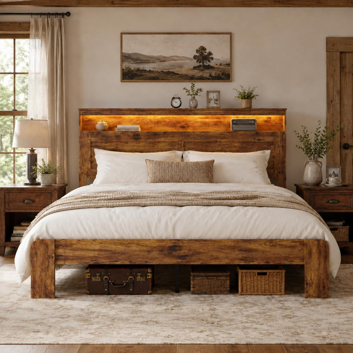King Size Wooden Bed Frame with Storage Headboard H249420