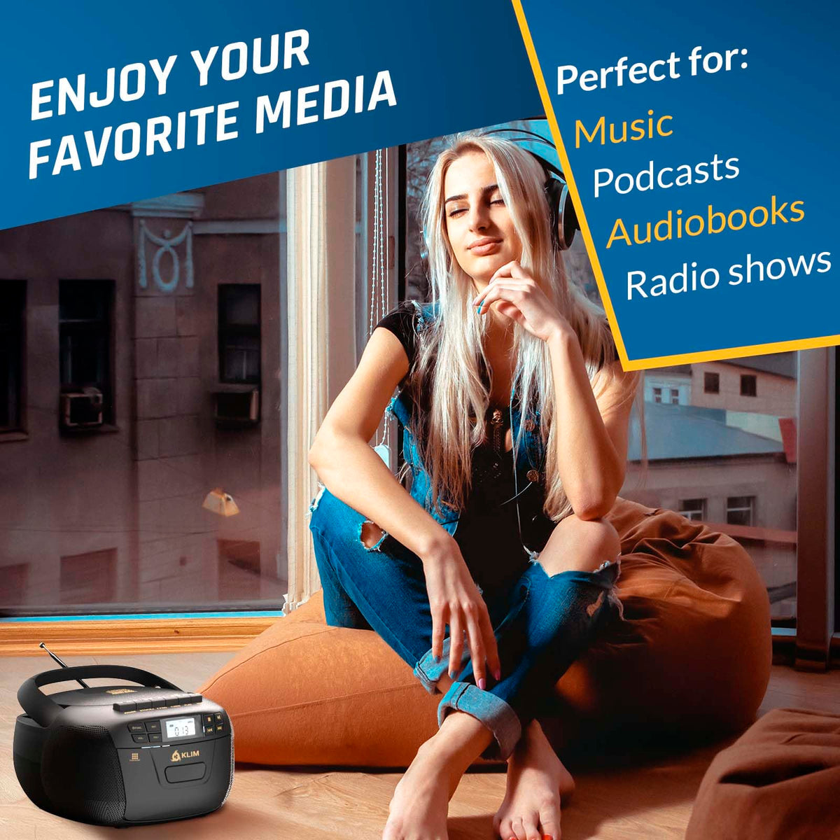 Black CD Cassette Player Boombox with Bluetooth and AM FM Radio J47158