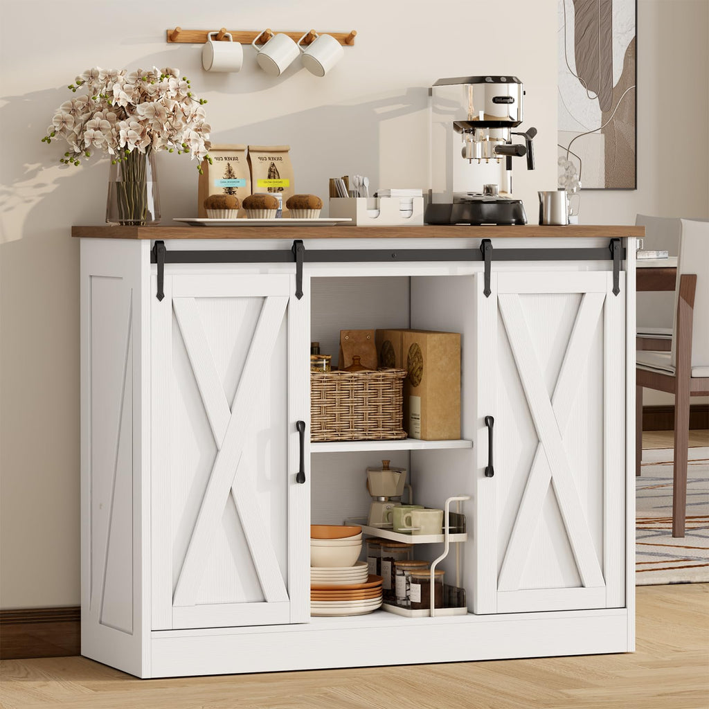 Rustic White Coffee Bar Cabinet with Sliding Barn Doors K512651