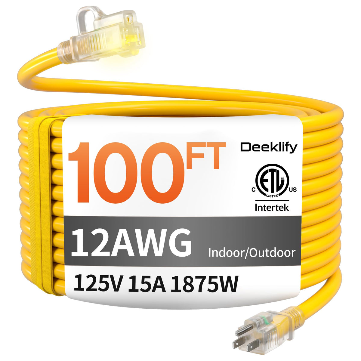 100FT Heavy Duty Outdoor Extension Cord Waterproof Yellow A638