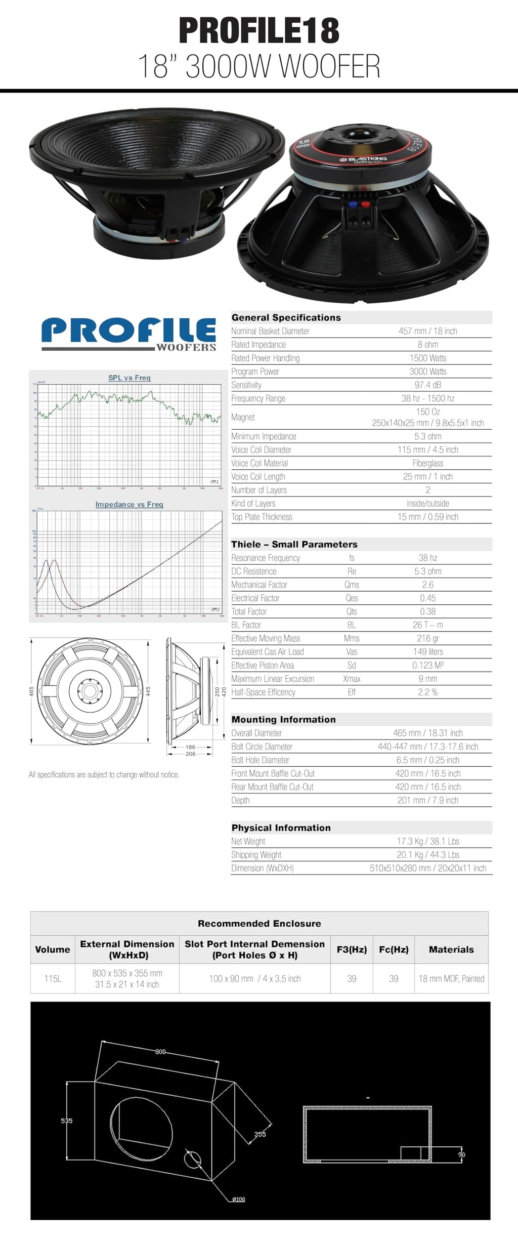 18" 3000W High Output Woofer 4.5" Voice Coil 8 Ω 97.4 dB Y9642