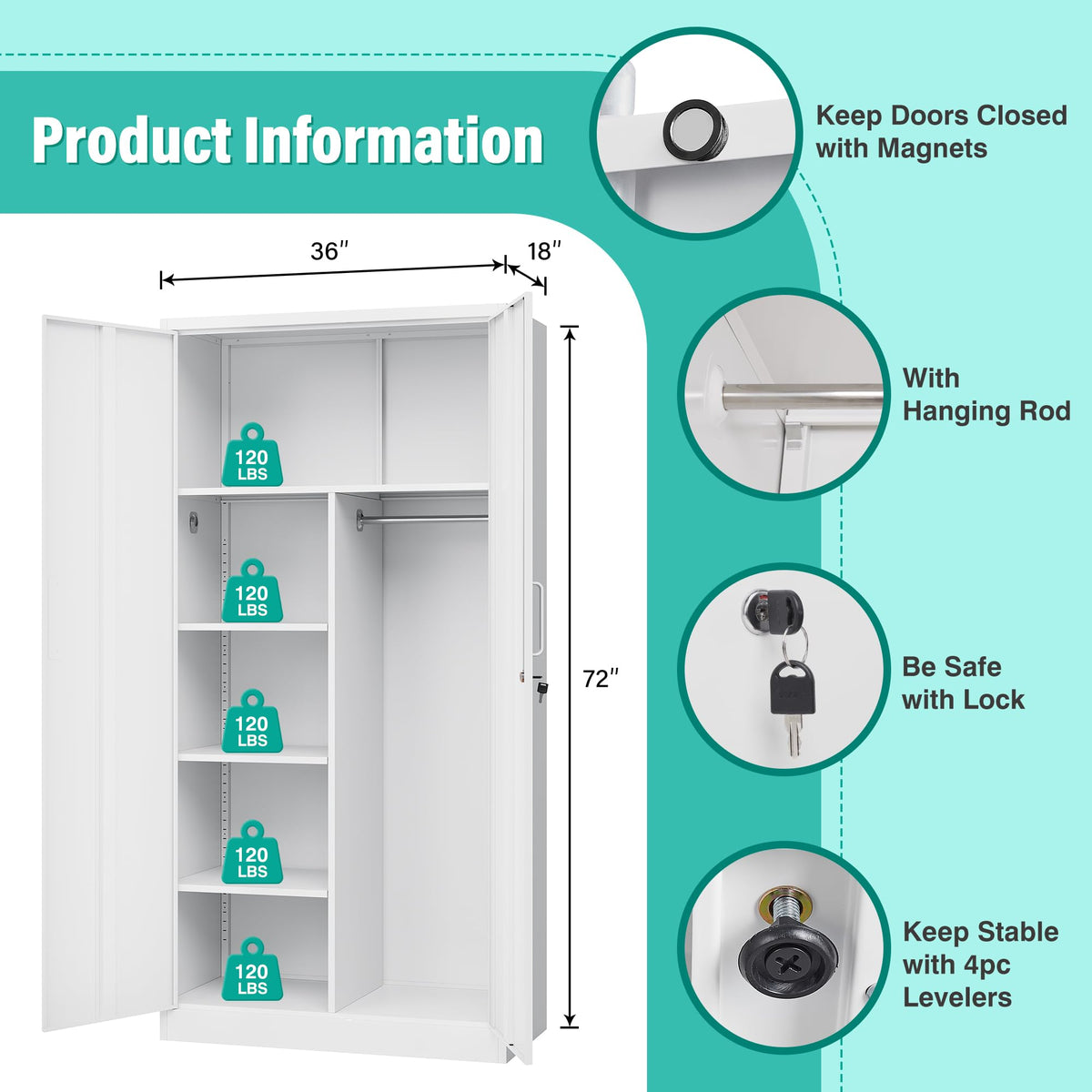 White Metal Storage Cabinet with Hanging Rod and Lock L92996
